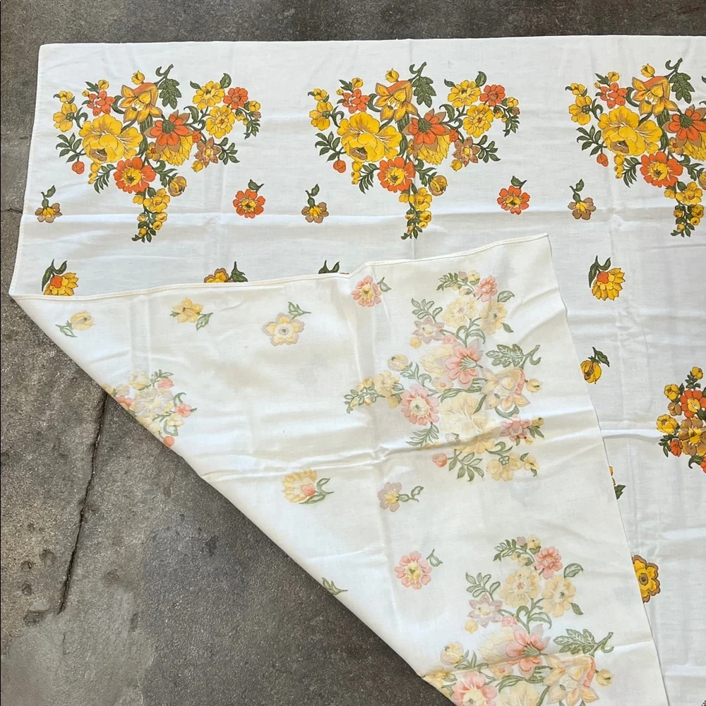 Vintage floral 52”X 48” squareish tablecloth yellow & oranges cotton Handmade